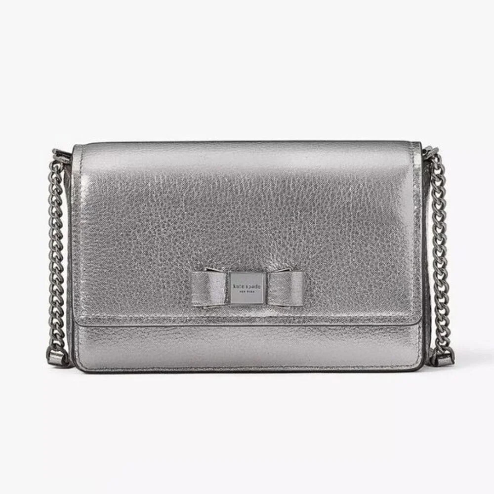 NWT Kate Spade Bag Silver Leather Morgan Bow Chain Wallet